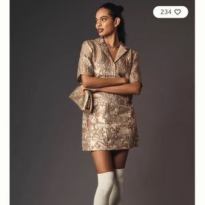 Anthropologie - Porridge Short-Sleeve V-Neck Jacquard Mini Shirt Dress